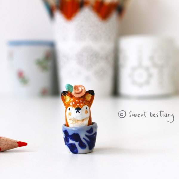 Tiny floral fox in a plant pot animal totem clay figurine