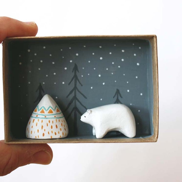 Animales miniatura - Oso Polar y montaña - caja de sombra 3D escena - paisaje miniatura - vacaciones decoración