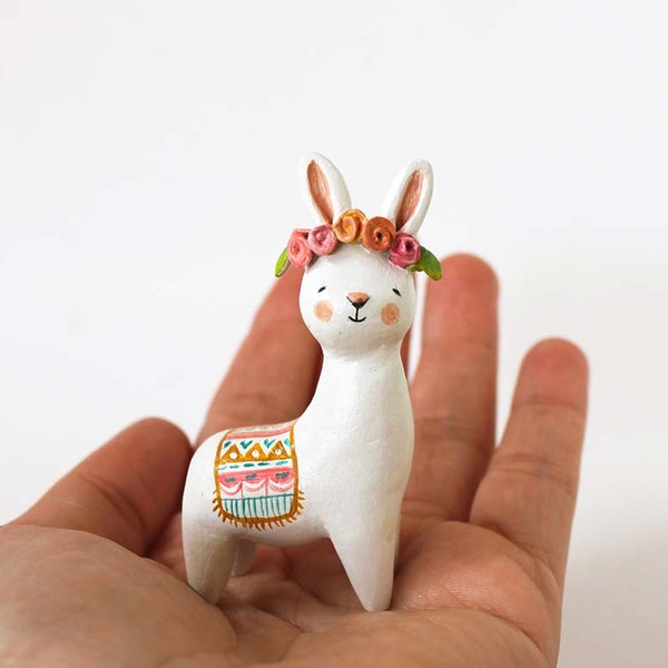 SALE  Animal miniature - Paper clay fantasy animal totem - Bunnybrid- Llama and bunny hybrid