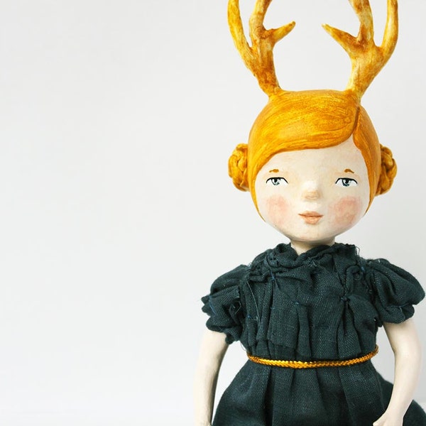 Antler girl art doll - Woodland articulated paper clay doll - One of a kind - Hand sculpted - handmade art doll