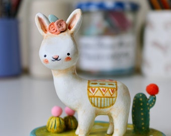 OOAK hand sculpted figurine bunnyllama - fantasy animal clay totem cactus and mountain scene