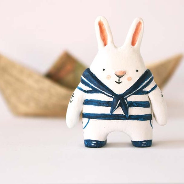 Sailor bunny  - paper clay animal miniature - art toy - collectible