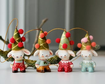 PRE ORDER - Bunny with a Christmas tree hat ornament - Christmas clay miniature-  Whimsical art- ooak