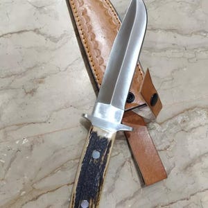Handmade D2 Steel Hunting Knife: Stag Horn Handle, Leather Sheath