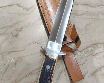 Handmade D2 Steel Hunting Knife: Stag Horn Handle, Leather Sheath