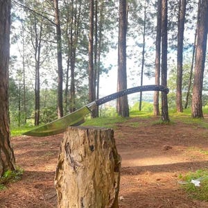 May include: A large, curved blade knife with a polished, reflective surface rests on a tree stump. The handle is dark with a dotted pattern. The background features a forest with tall trees and a natural setting.