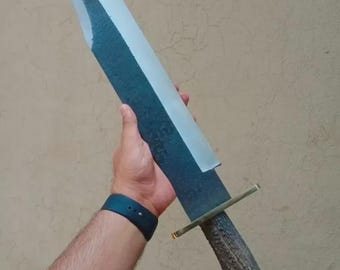 Cuchillo de caza Bowie de hoja larga de acero D2 hecho a medida con mango de cuerno de ciervo y funda de cuero. Regalo para ella. Regalo para él.