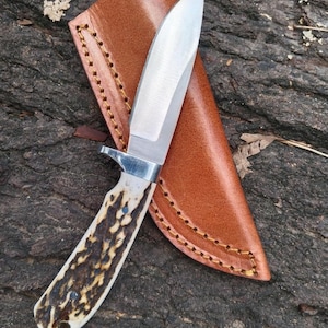 Handmade D2 Steel Skinner Knife: Stag Antler Handle, Leather Sheath
