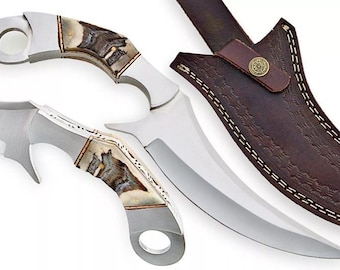 Hand Forged D2 Steel Karambit Knife: Ram Horn Handle, Leather Sheath
