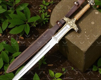 Hand Forged Damascus Steel Sword, Engraved Barbarian Blade, Leather Sheath