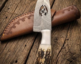 Handmade Damascus Hunting Knife Pocket Knife | Stag Handle, Leather Sheath, Gift for Him, Gift For Dad