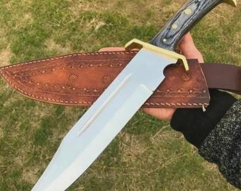 Faca Bowie artesanal em aço D2, faca de caça Full Tang, lâmina fixa com bainha de couro, presente de aniversário, presente de aniversário de casamento +