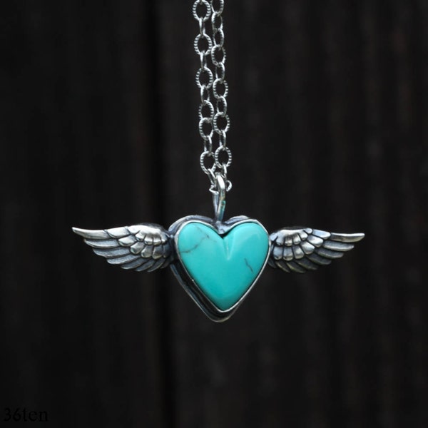 Flying Heart Necklace, Turquoise Heart Pendant, Blue Heart Necklace