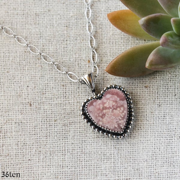 Valentine Heart Rhodochrosite Necklace, Sterling Silver Jewelry, Valentine Necklace