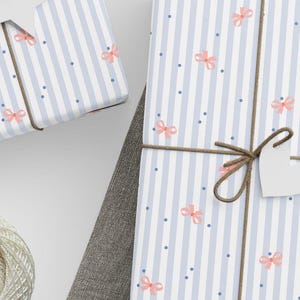 Wrapping Paper, Coquette, Gift Wrap, Party Supplies, Event Supplies, Wedding Party, Gender Reveal Party, Bows, Cherries, Blue Stripes