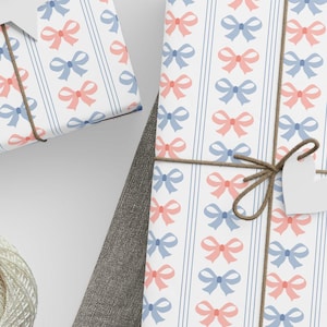 Wrapping Paper, Coquette, Gift Wrap, Party Supplies, Event Supplies, Wedding Party, Gender Reveal Party, Bows, Blue Stripes, Boy or Girl