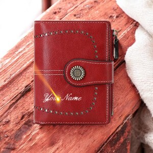 Cartera RFID personalizada para mujer: tarjetero de piel sintética con bolsillo para monedas con cremallera y grabado de nombre