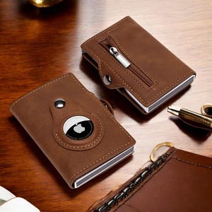 Cartera Airtag de cuero genuino personalizada: tarjetero RFID con compartimento con cremallera y diseño deslizante