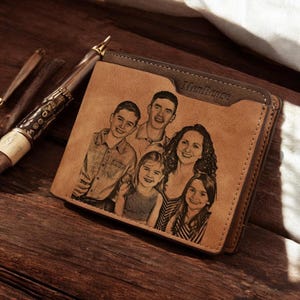 Carteira masculina personalizada – Couro PU fosco à prova d'água marrom com foto gravada e design multifuncional