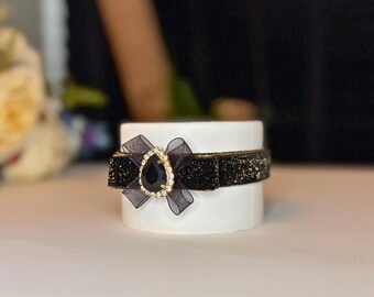 Collar de terciopelo negro para gatos y perros: purpurina dorada, collar para mascotas hecho a mano