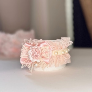 Luxury Ivory pink Velvet Cat Collar Pearl collar breakaway cat collar Gift for Cat Mom Dog pink lace collar with rose gift for pet parents