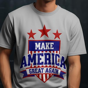 Patriotic MAGA T-Shirt - Make America Great Again Shield USA Flag Tee - 4th of July Tshirt - Gildan 5000 Conservative Shirt