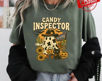 Spooky Western Halloween Tee: Cowboy Ghost, Black Cat & Sunflowers