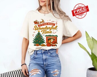 It's The Most Wonderful Time T-Shirt, Retro Santa Shirt, Vintage Christmas Tee, Christmas Tree Bow Shirt, Holiday Gift for Women, Xmas Tee