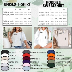 May include: A size chart for unisex t-shirts and hoodies sweatshirts featuring width and length measurements in inches for sizes S through 5XL. The image includes photos of garments with measurement arrows and a colour palette with names.