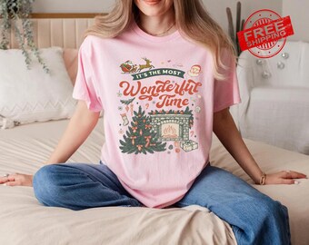 It's The Most Wonderful Time Shirt, Retro Santa Christmas T-Shirt, Vintage Christmas Shirt, Christmas Tree Bow Tee, Holiday Gift for Her