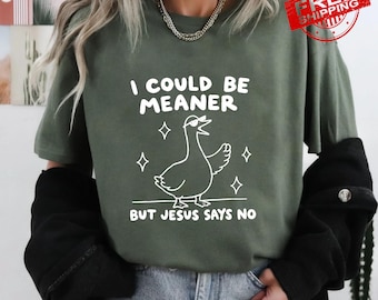 I Could Be Meaner But Jesus Says No Shirt, Funny Christian Mom T-Shirt, Bible Study Tee, Sarcastic Faith Humor Shirt, Vintage Goose Gift