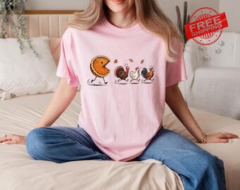 Funny Thanksgiving Pie Chasing Shirt, Fall Shirt, Thanksgiving Food Tee, Pie Lover Shirt, Autumn Turkey Graphic T-Shirt, Funny Holiday Gift