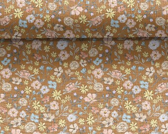 Musselin - Blütensinfonie Ochre | Eigenproduktion Meterware | Baumwoll Musselin | Windelstoff | nähen für Kinder | Stoff mit Blumen |