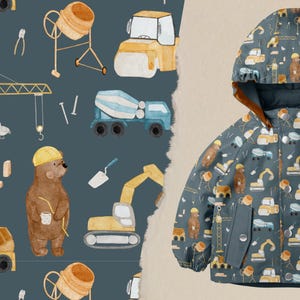 Könnte beinhalten: Ein blauer und gelber Stoff mit Bau-Thema und einem sich wiederholenden Muster aus Bären, Kränen, Betonmischern, Muldenkippern und Baggern. Der Stoff ist perfekt für die Herstellung von Kleidung, Taschen und anderen Bastelarbeiten.