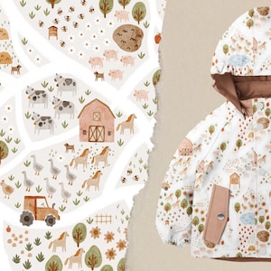 Könnte beinhalten: Ein weißer Stoff mit einem sich wiederholenden Muster einer Farmszene. Das Muster enthält einen roten Stall, braune Pferde, weiße Schafe, braune Kühe, grüne Bäume und einen blauen Teich.