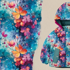 Könnte beinhalten: Ein lebendiges Aquarell-Blumenmuster in Blau-, Türkis-, Rosa- und Orangetönen. Das Design ist auf einer Jacke mit Kapuze und Taschen abgebildet. Die Jacke hat ein türkisfarbenes Innenfutter und rosa Besatz.
