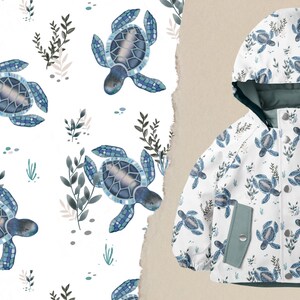 Könnte beinhalten: Eine weiße Kapuzenjacke mit einem blauen und grünen Aquarellmuster aus Meeresschildkröten und Blättern.