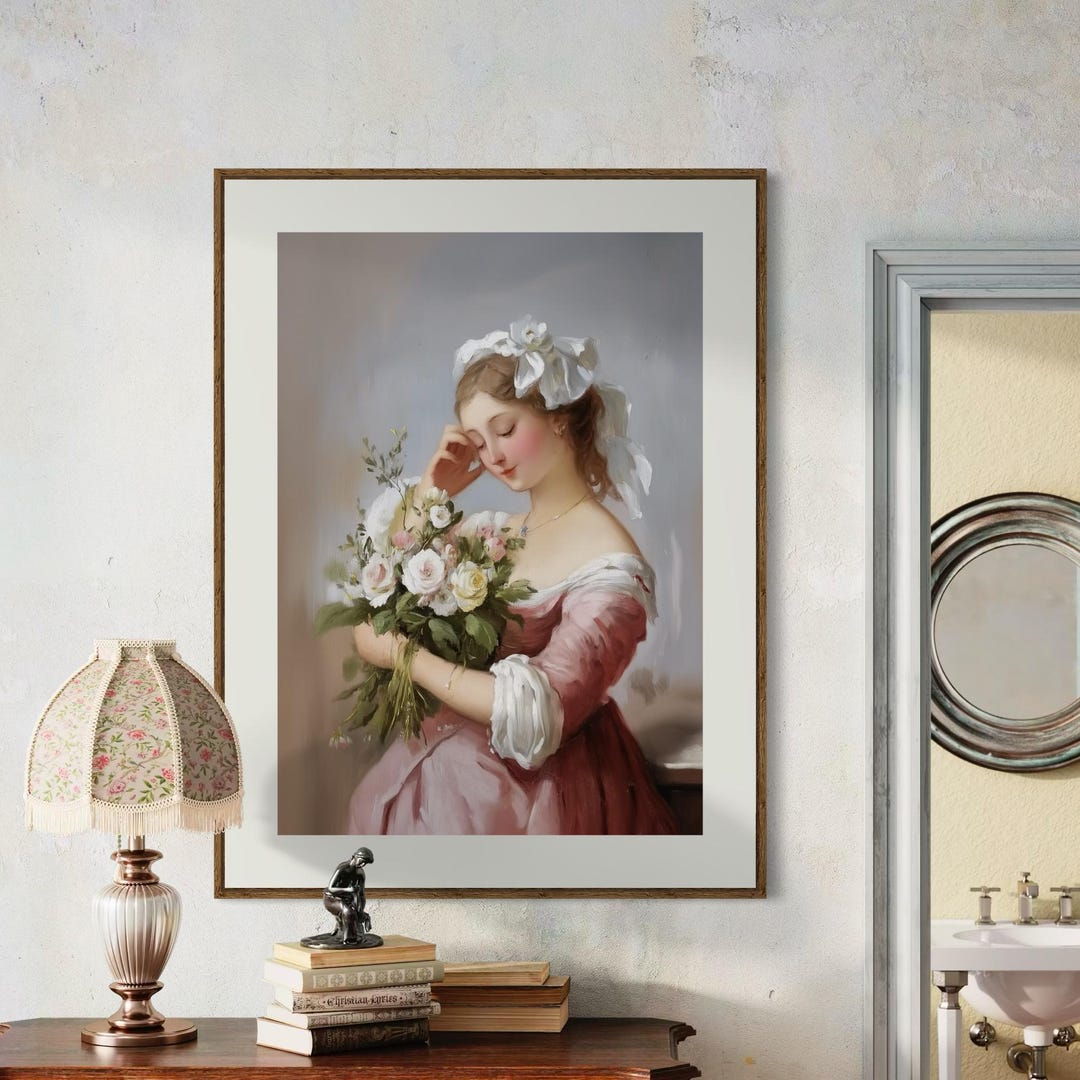Blush & Blooms Rococo Portrait Print | Vintage Floral Oil Painting ...