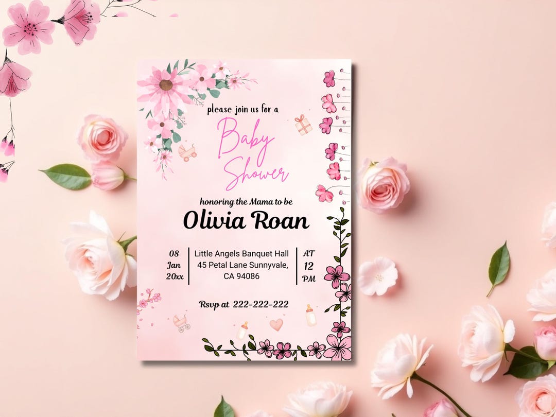 Floral Baby Shower Invitation Template, Pink Flowers (editable Design ...