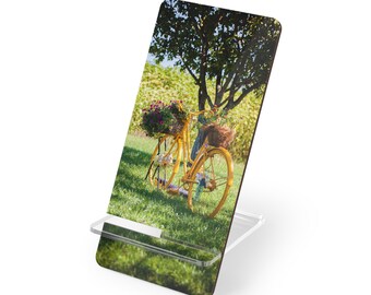 Soporte de exhibición para móviles con diseño de bicicleta amarilla para smartphones / Soporte acrílico para teléfono