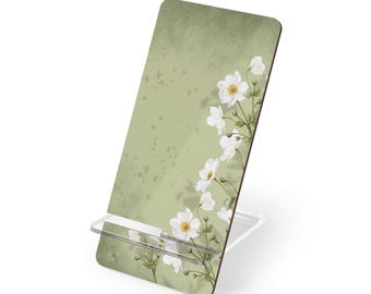 Soporte para teléfono móvil con ilustración floral blanca para smartphones / Soporte botánico verde para teléfono