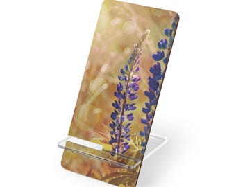 Expositor móvil con diseño floral de lupino morado para smartphones y teléfonos.