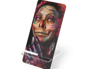 Soporte para móvil/teléfono con forma de calavera de azúcar colorida