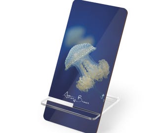 Soporte de exhibición móvil con ilustración de medusas para teléfonos inteligentes / Base para teléfono azul océano