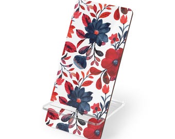 Soporte plegable para teléfono móvil con diseño floral rojo y azul marino para smartphones.