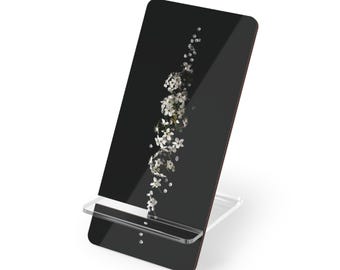 Expositor móvil con diseño floral en cascada para smartphones / Soporte acrílico negro para teléfono