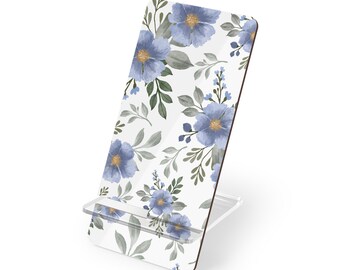 Soporte para teléfono móvil con diseño floral azul acuarela para smartphones / Soporte delgado y brillante para teléfono móvil
