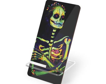 Soporte para móvil/teléfono con diseño de calavera de azúcar de neón, Día de Muertos.
