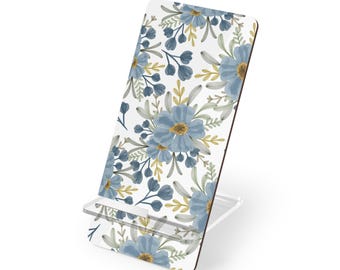 Expositor móvil con diseño floral azul de acuarela para smartphones o decoración de escritorio de estilo rústico.