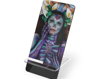 Soporte para teléfono/expositor móvil con diseño de mujer calavera de azúcar, ilustración del Día de Muertos.